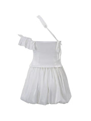 Asymmetric Design Crossover Lacing Corset Bandeau & Puff Hem Skirt Set