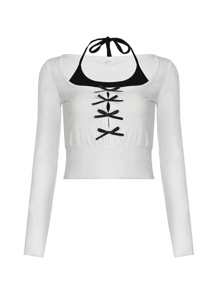 Contrast Bow Cutout Halter Two Piece Long Sleeve Tee