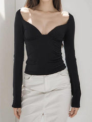 Solid Splice Cutout Backless Long Sleeve Tee