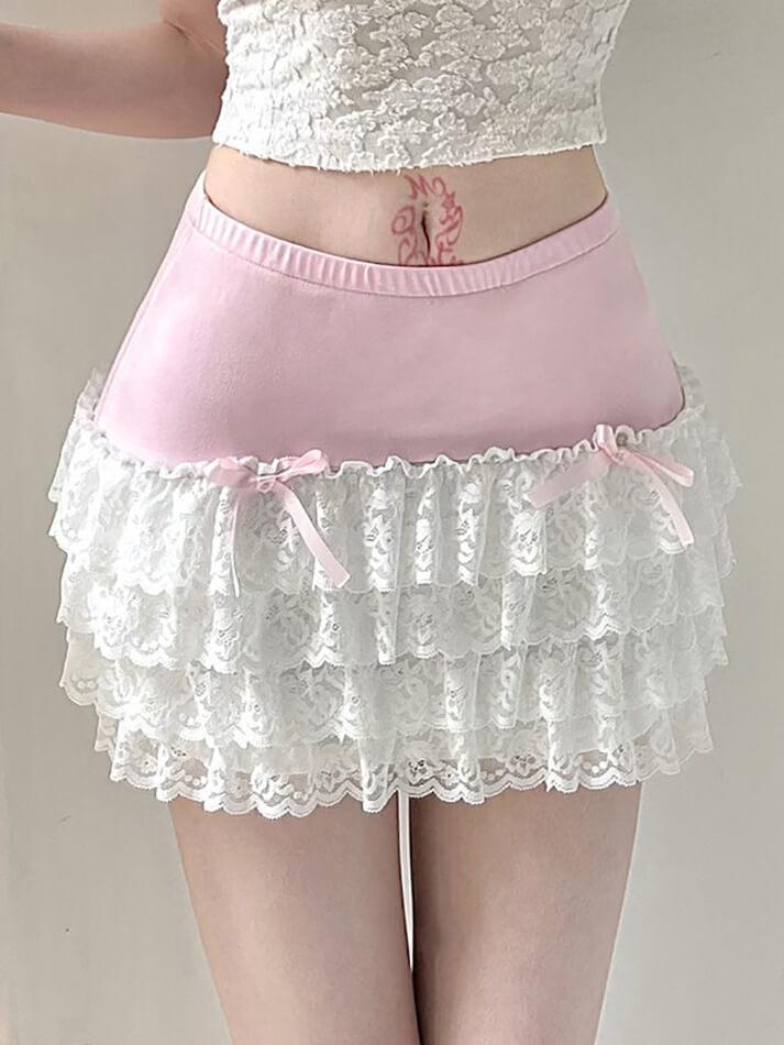 Bow Lace Patchwork Color Clash Skirt