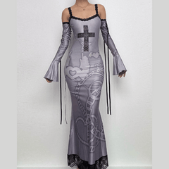 Long flared sleeve off shoulder cross print lace cami maxi dress