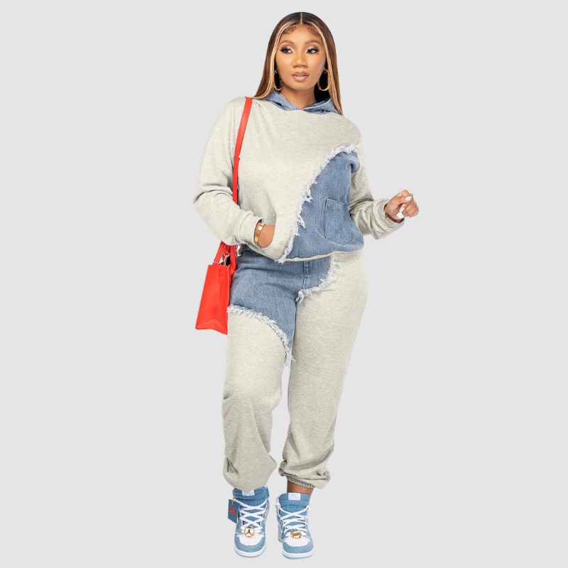 Denim Patchwork Hoodies & Pant Set