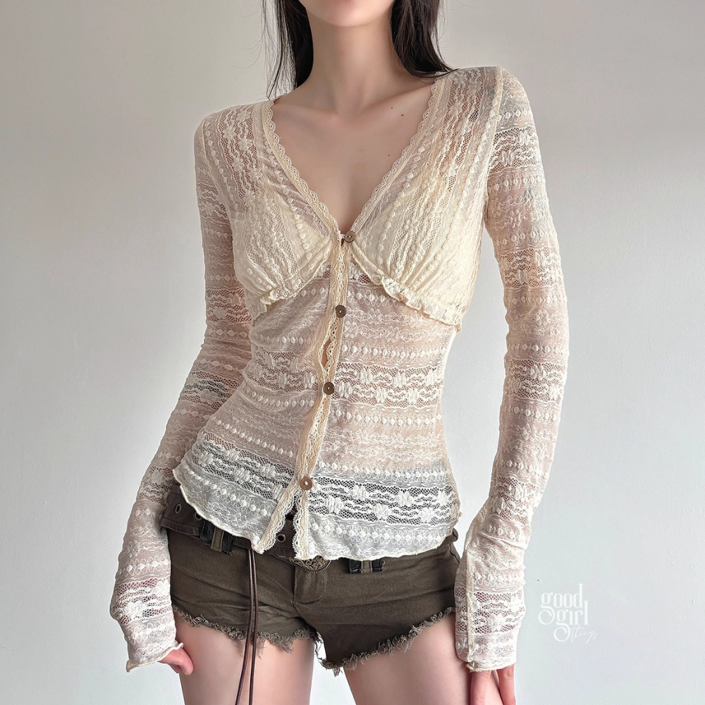 Ivie Button-Up Sheer Long Sleeve Top