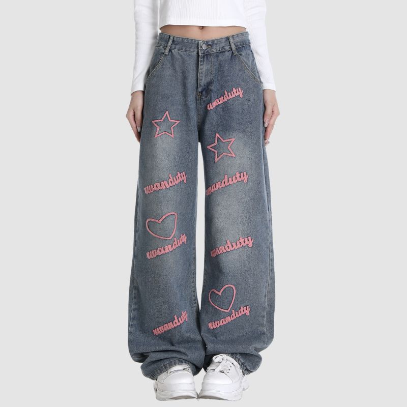 Letter and Star Embroidered Design Jeans