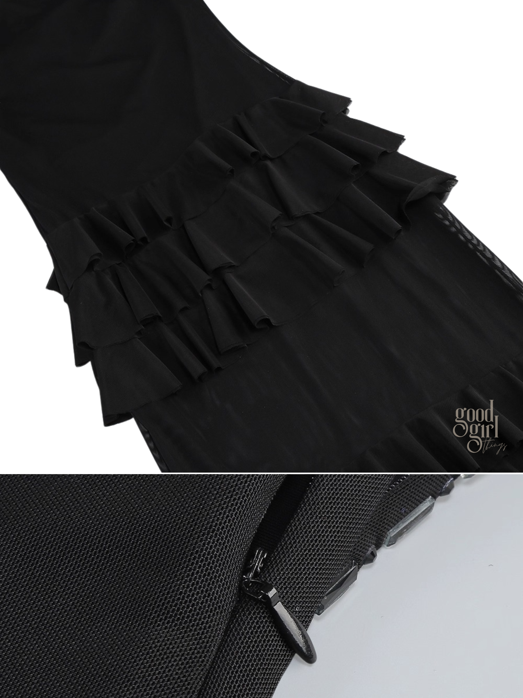 Miya Strapless Mesh Maxi Dress with Ruffle Panels