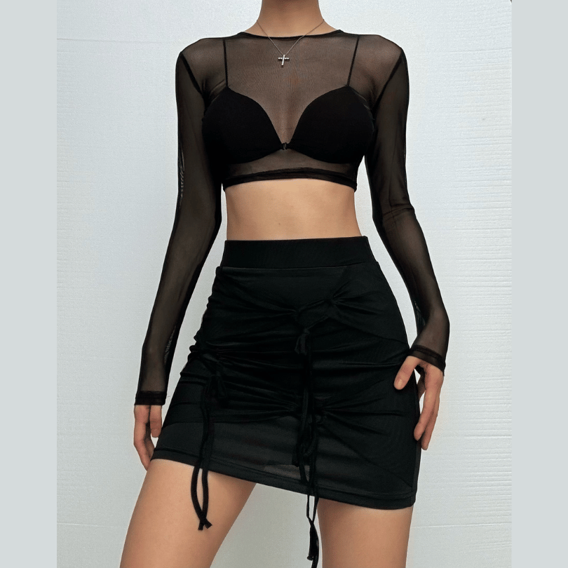 Long sleeve mesh see through knotted mini skirt set