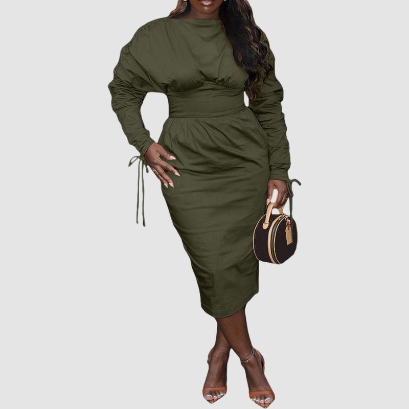 Ruched Drawstring Sleeves Solid Color Dresses