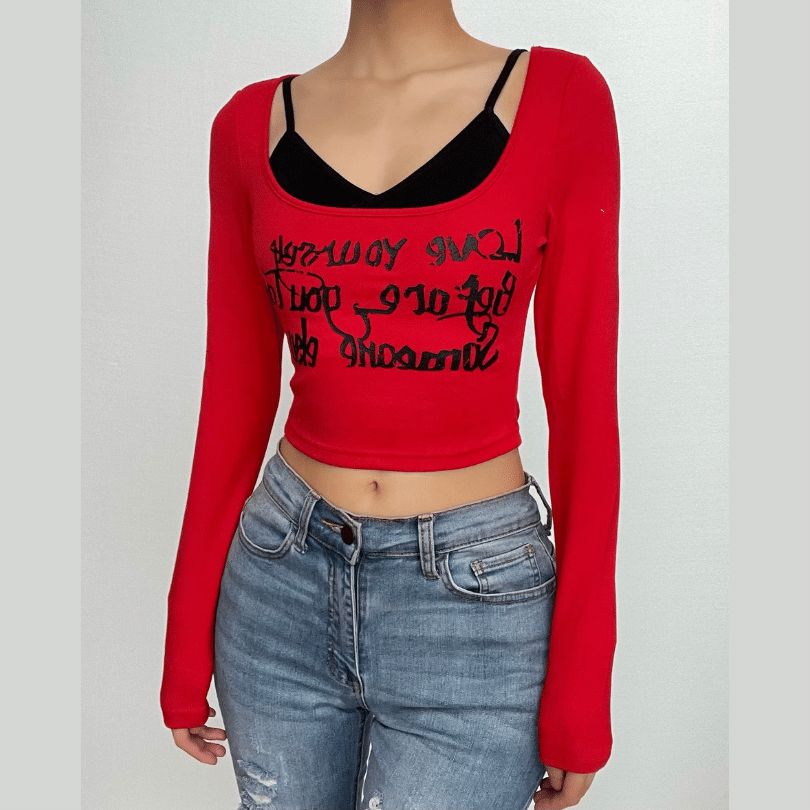 Letter print contrast long sleeve 2 piece crop top - Final Sale