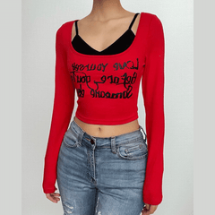 Letter print contrast long sleeve 2 piece crop top - Final Sale