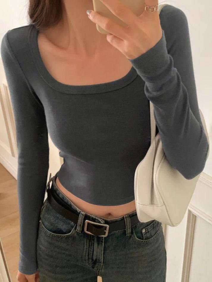 Solid Square Neck Rib Slim Long Sleeve Knit
