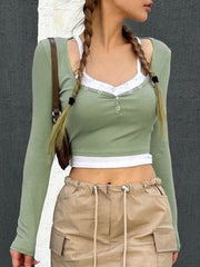 Army Green Buttons Long Sleeve Knit Top