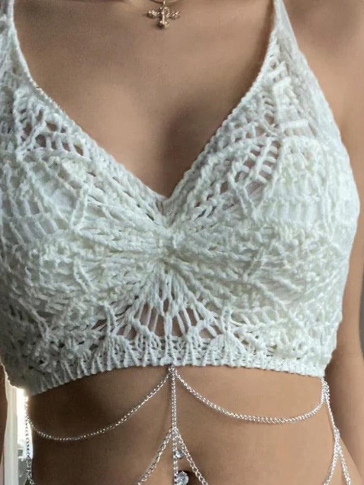 Chain Design Crochet Knit Halter Crop Cami Top