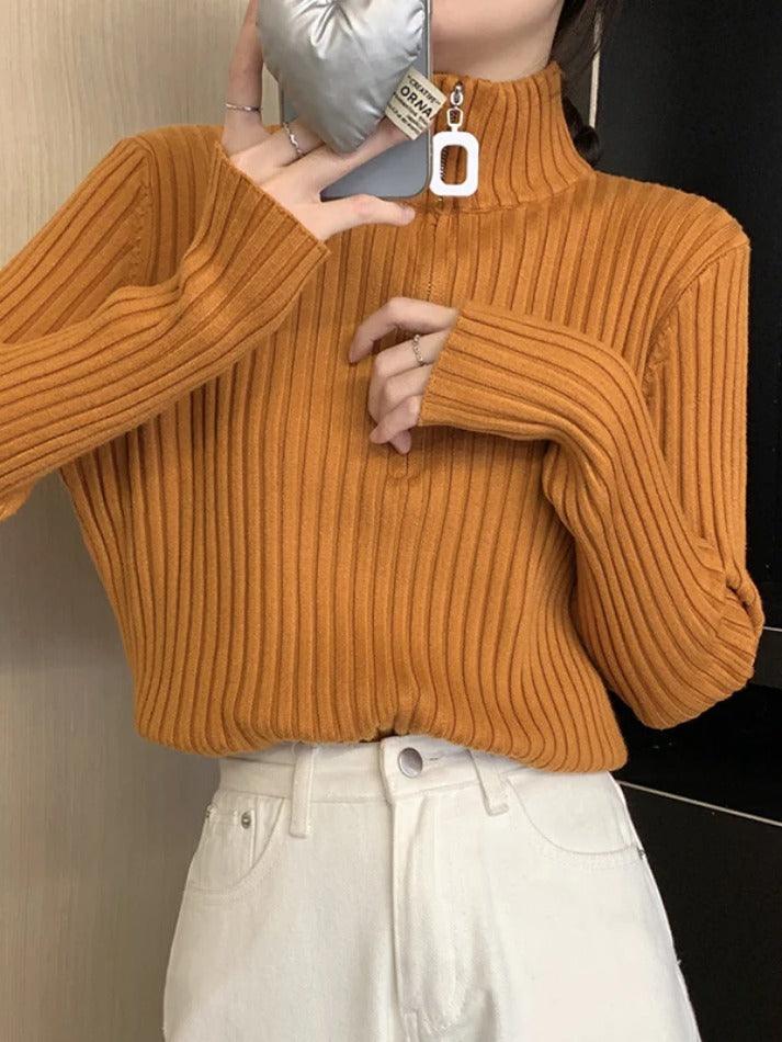 Solid Half Zip Ribbed Knit Sweater