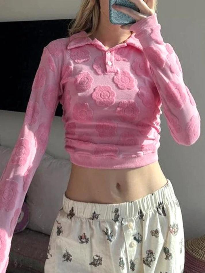 Velvet Floral Print Backless Lacing Crop Long Sleeve Tee