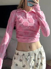 Velvet Floral Print Backless Lacing Crop Long Sleeve Tee