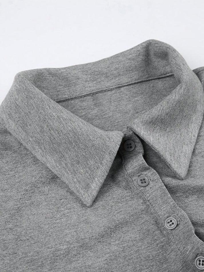Solid Lapel Neck Breasted Long Sleeve Tee