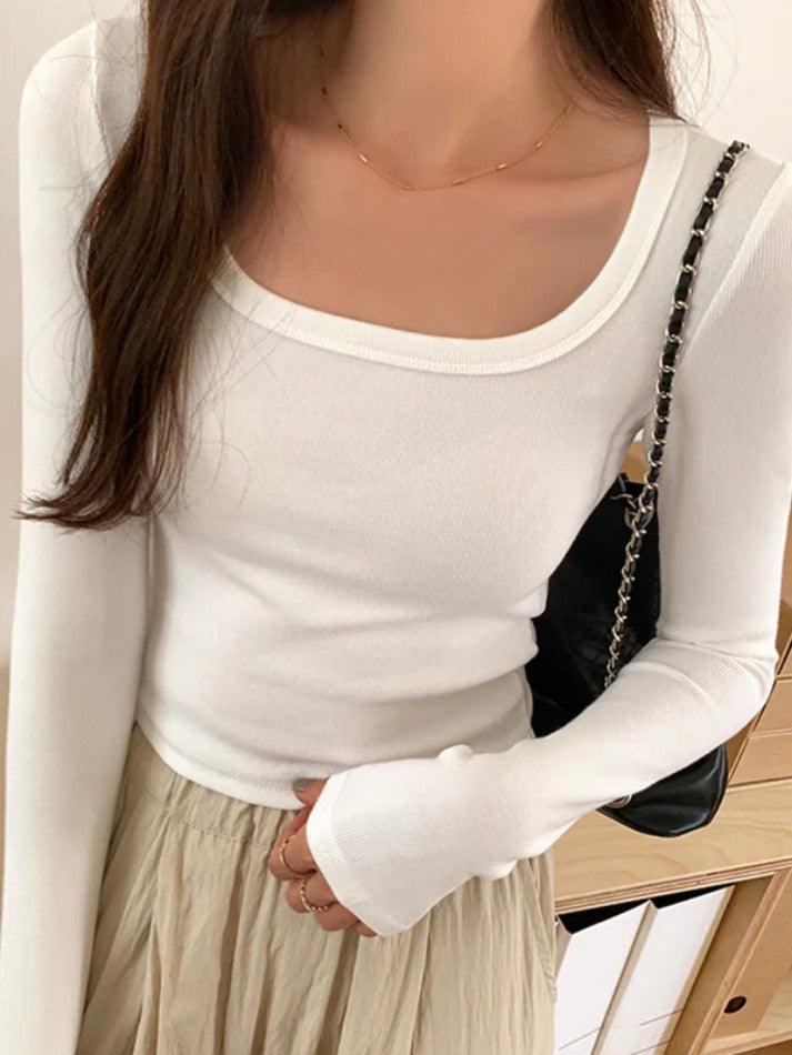 Solid Square Neck Rib Slim Long Sleeve Knit