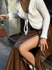 Wavy Pattern V Neck Tie Front Long Sleeve Knit