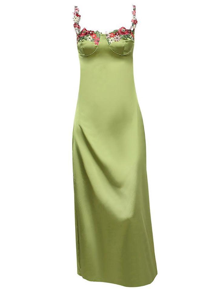 Sexy Spaghetti Strap Floral Satin Maxi Dress