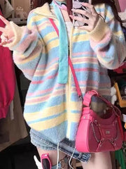 Colorful Stripe Splice Lapel Neck Cardigan