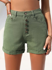 Army Green Rolled Hem Denim Shorts