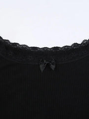 Off Shoulder Lace Splice Bow Decor Long Sleeve Tee