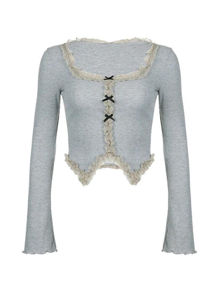Square Neck Crossover Lace Trim Long Sleeve Knit