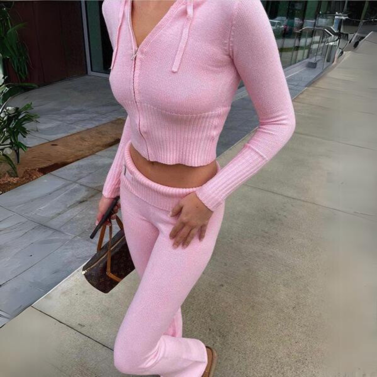Pink Two-Piece Knit Sweatsuit Set
