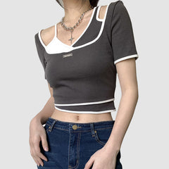 Oluolin Fake Two Irregular Crop Top