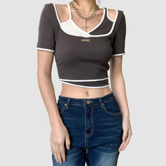 Oluolin Fake Two Irregular Crop Top