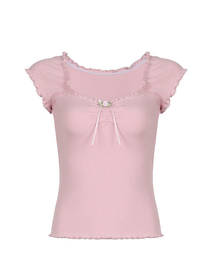 Tie Front Lace Trim Shirred Tee