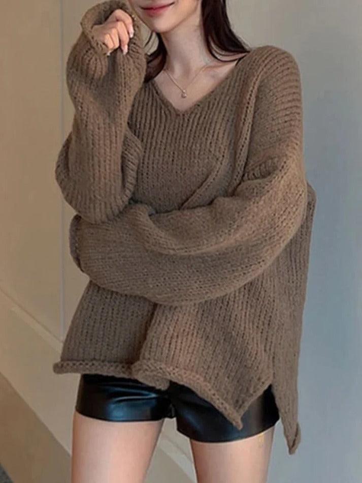 Solid V Neck Slit Rolled Sweater