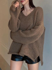 Solid V Neck Slit Rolled Sweater