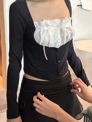 Splice Bow Square Neck Fake Two Piece Long Sleeve Tee
