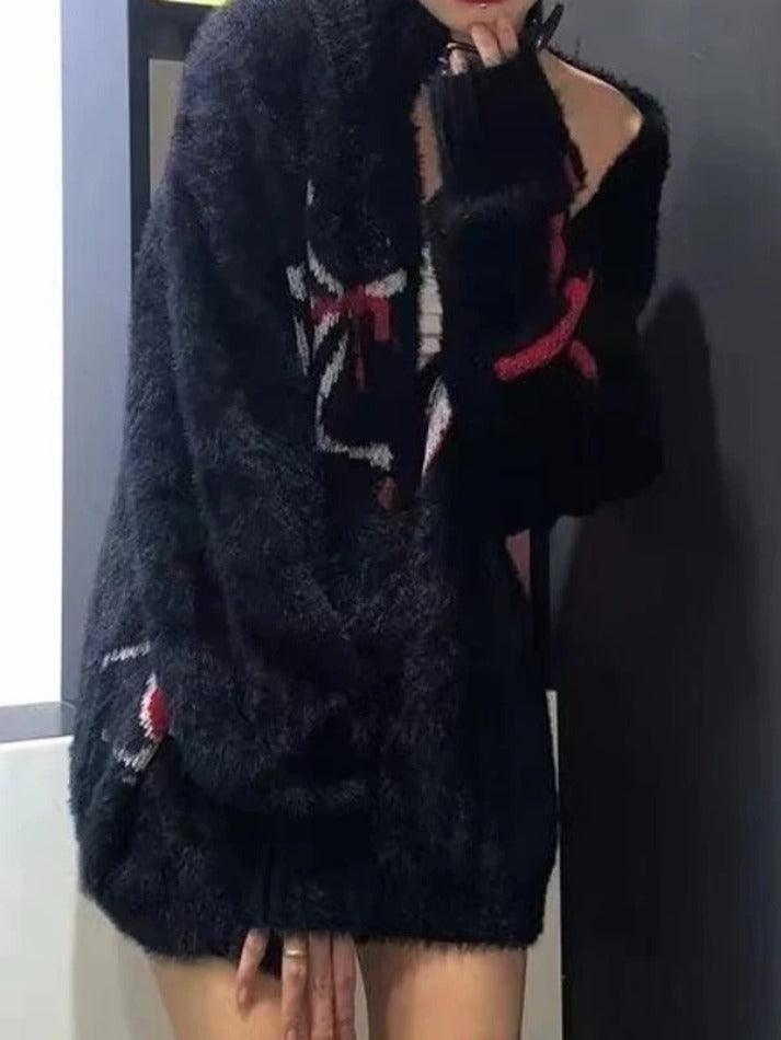Spider Web Print Fuzzy Loose Cardigan