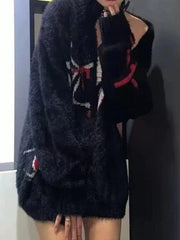 Spider Web Print Fuzzy Loose Cardigan