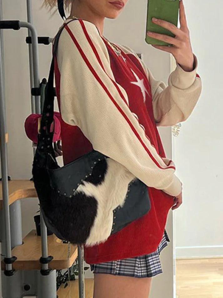Vintage Contrast Color Star Raglan Sweater