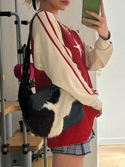 Vintage Contrast Color Star Raglan Sweater