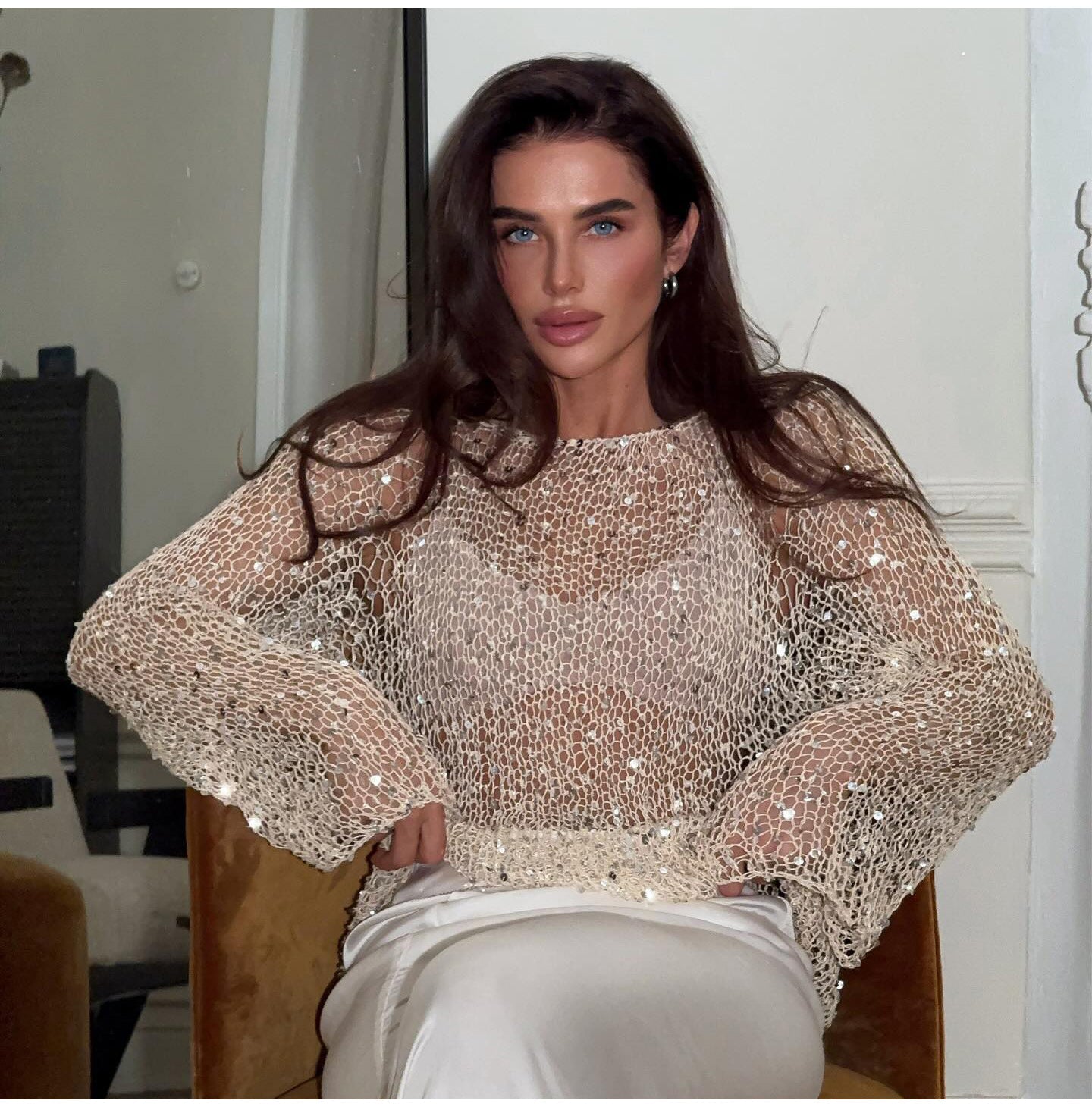Sequin Knit Sheer Long Sleeve Blouse