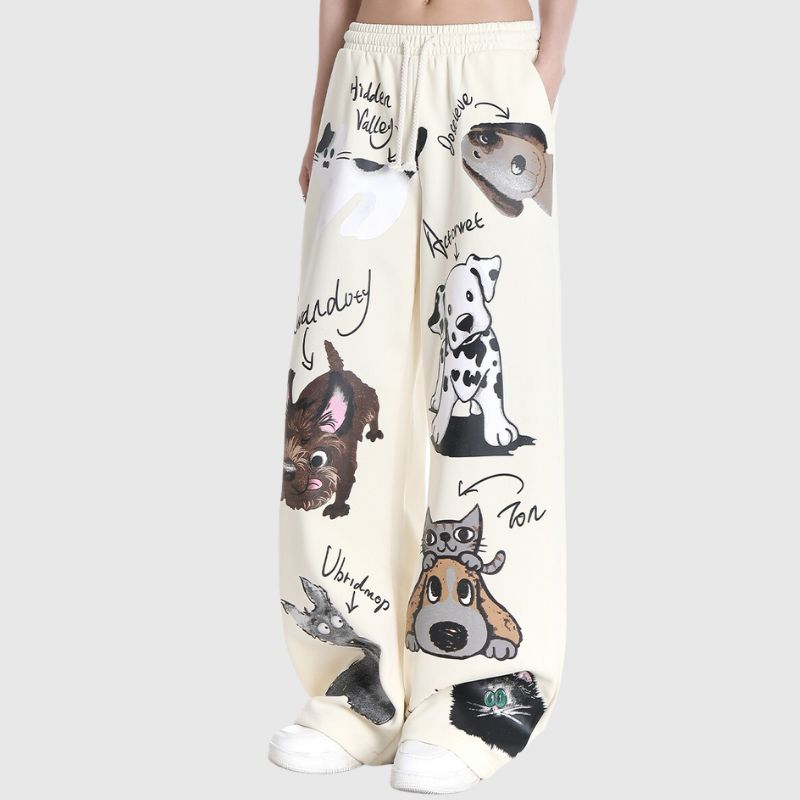 Puppy Pattern Printed Wide Leg Pants