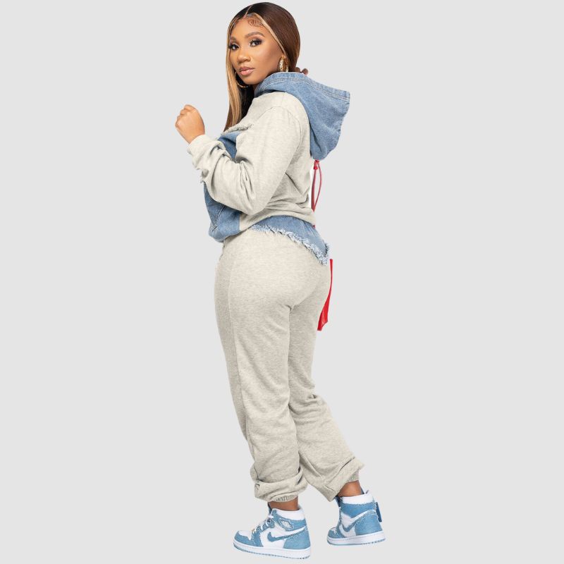 Denim Patchwork Hoodies & Pant Set