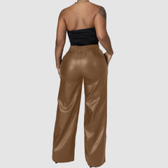 Solid Color Wide Leg PU Leather Pants