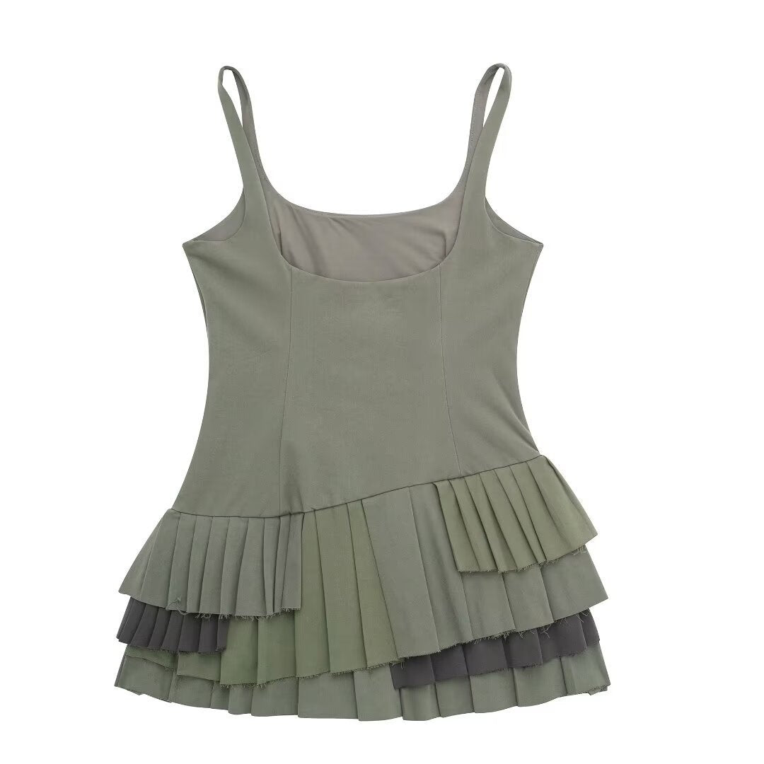 khaki Green Mini Dress With Box Pleats