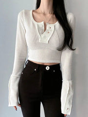 Basic Buttons Long Sleeves Crop Knit Top