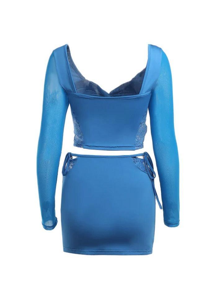 Solid Color Lace Splice Tie Up Two Piece