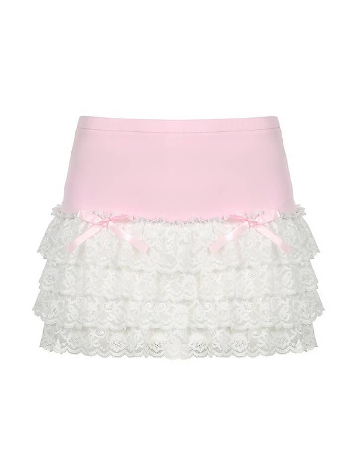 Bow Lace Patchwork Color Clash Skirt