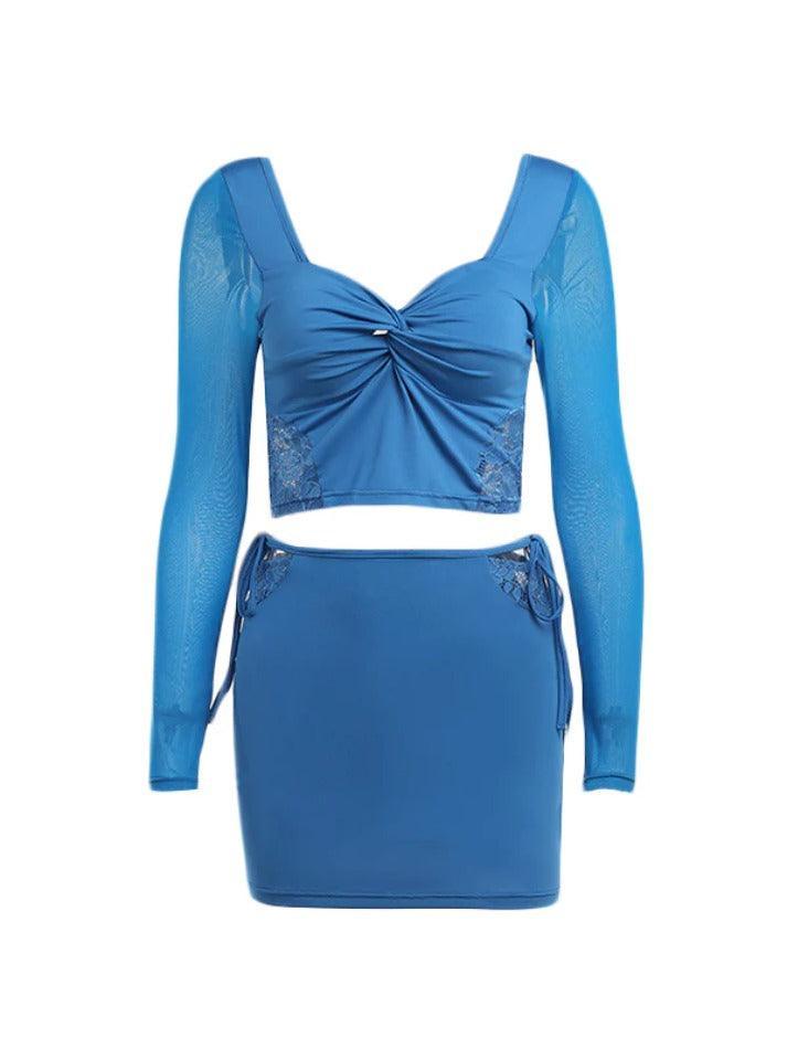 Solid Color Lace Splice Tie Up Two Piece