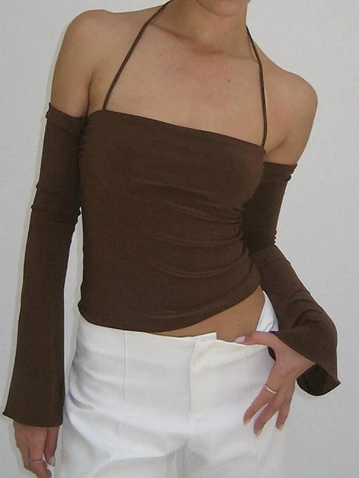 Solid Halter Off Shoulder Long Sleeve Tee