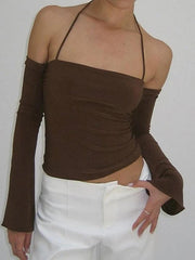 Solid Halter Off Shoulder Long Sleeve Tee