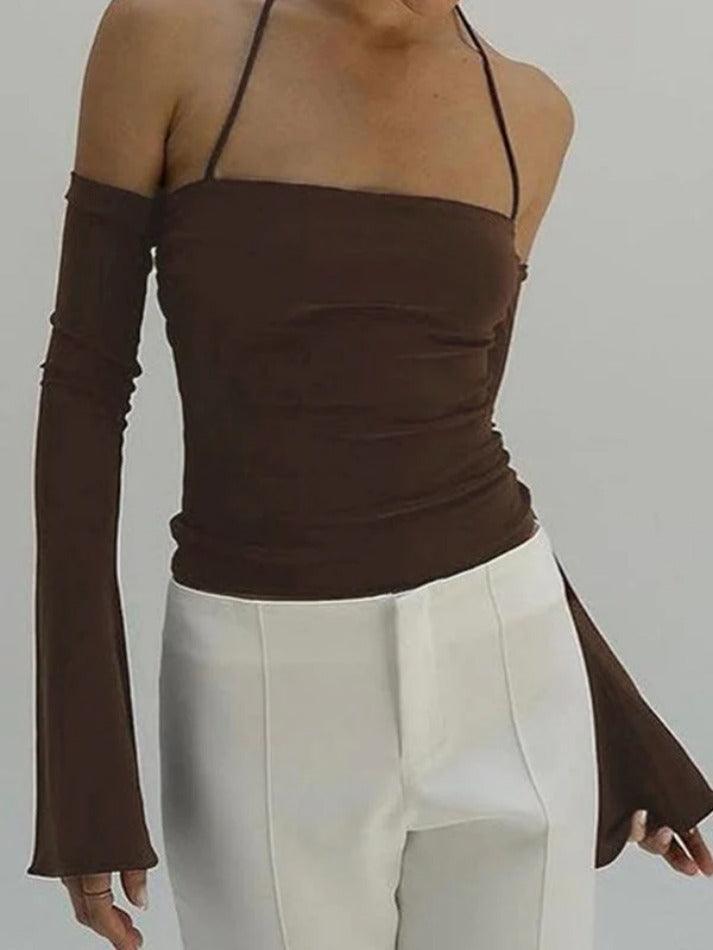 Solid Halter Off Shoulder Long Sleeve Tee